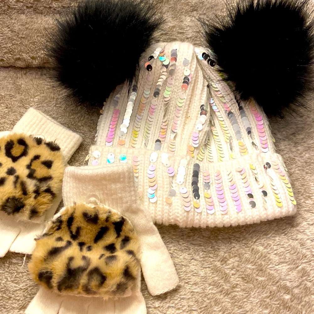 Justice girls winter hat with furry balls on top. Fingerless gloves